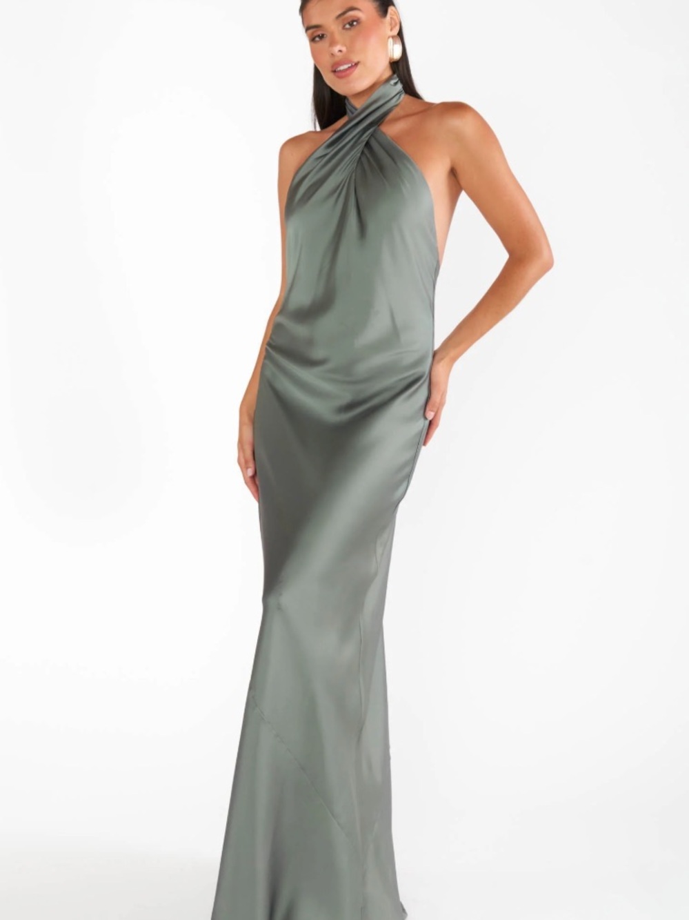 Show Me Your MuMu Sage Green Satin Backless Halter Gown